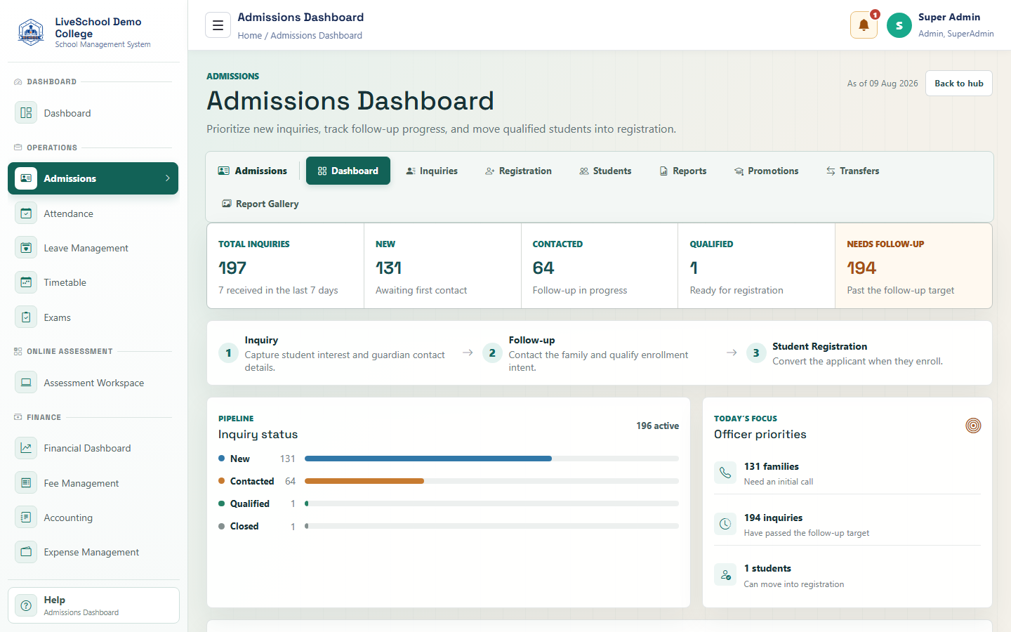 Admissions interface