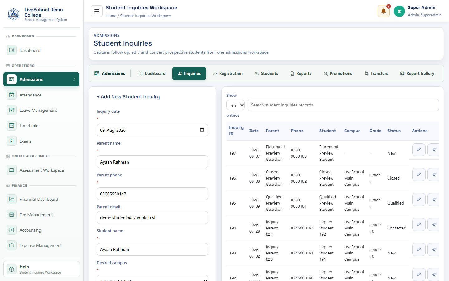 Student inquiries desktop interface