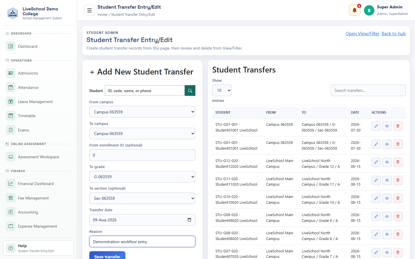 Student transfers desktop interface