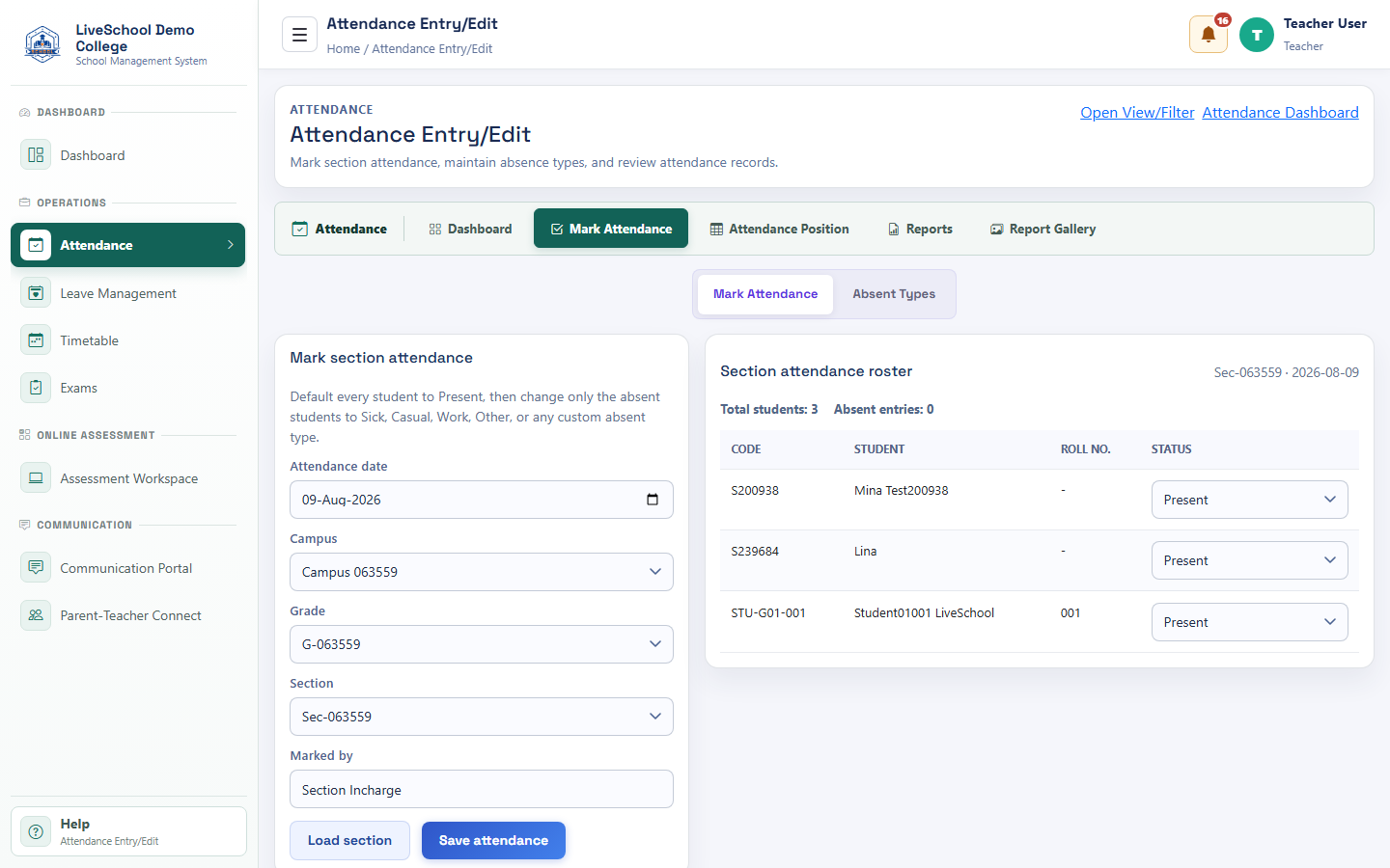 Attendance register desktop interface