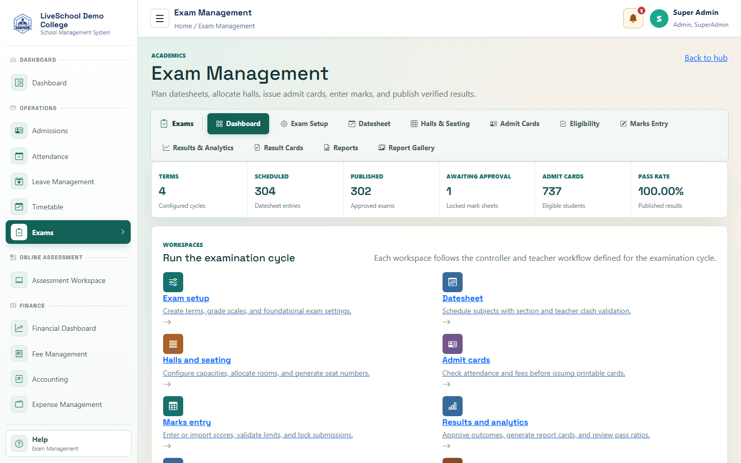 Exams and Assessment interface