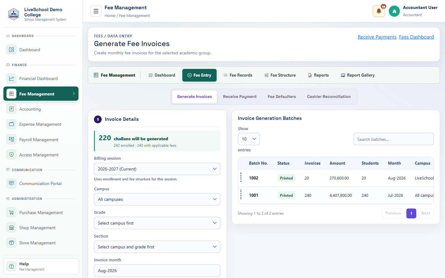Fees and payments desktop interface