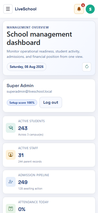 LiveSchools365 school management dashboard on mobile