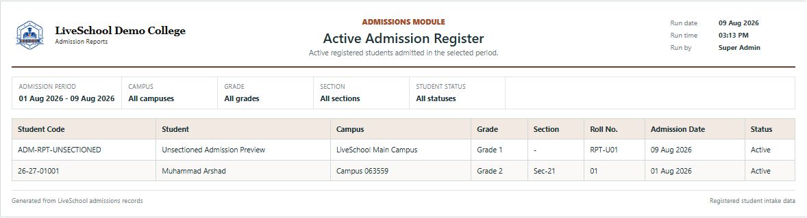 Active Admission Register first page