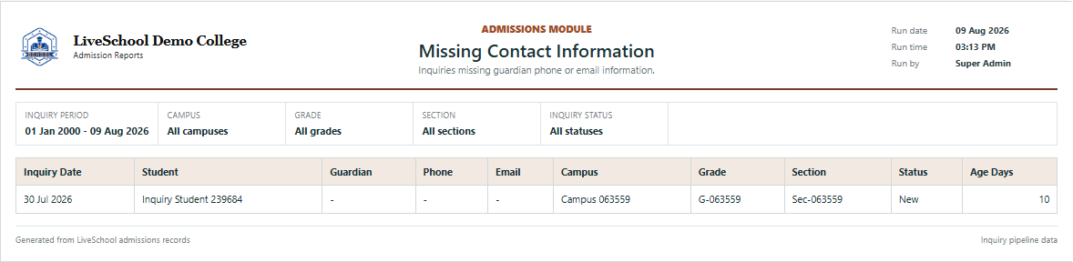 Missing Contact Information first page
