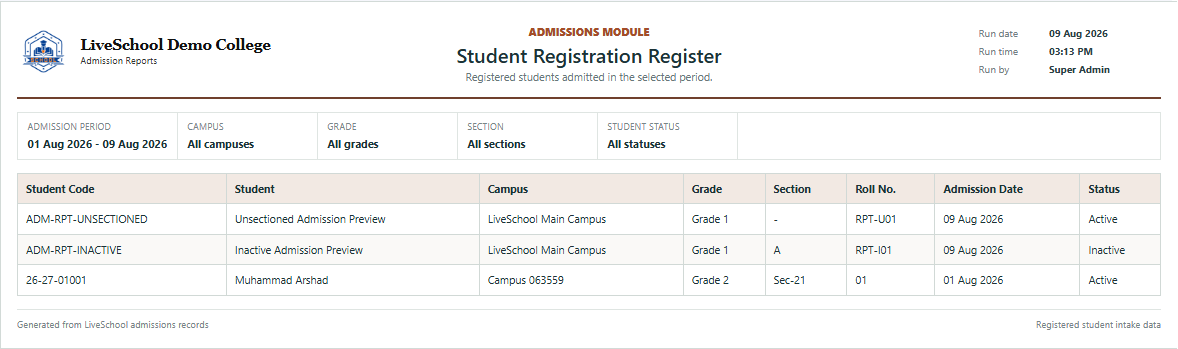 Student Registration Register first page