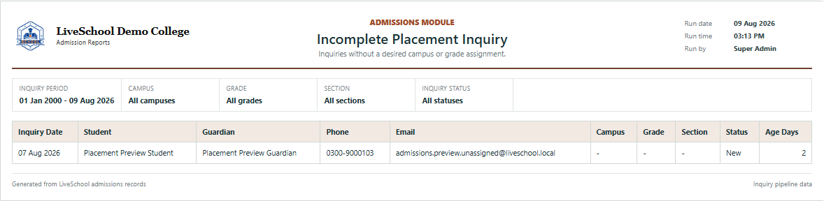 Incomplete Placement Inquiry first page