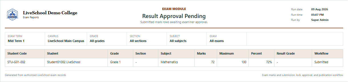 Result Approval Pending first page