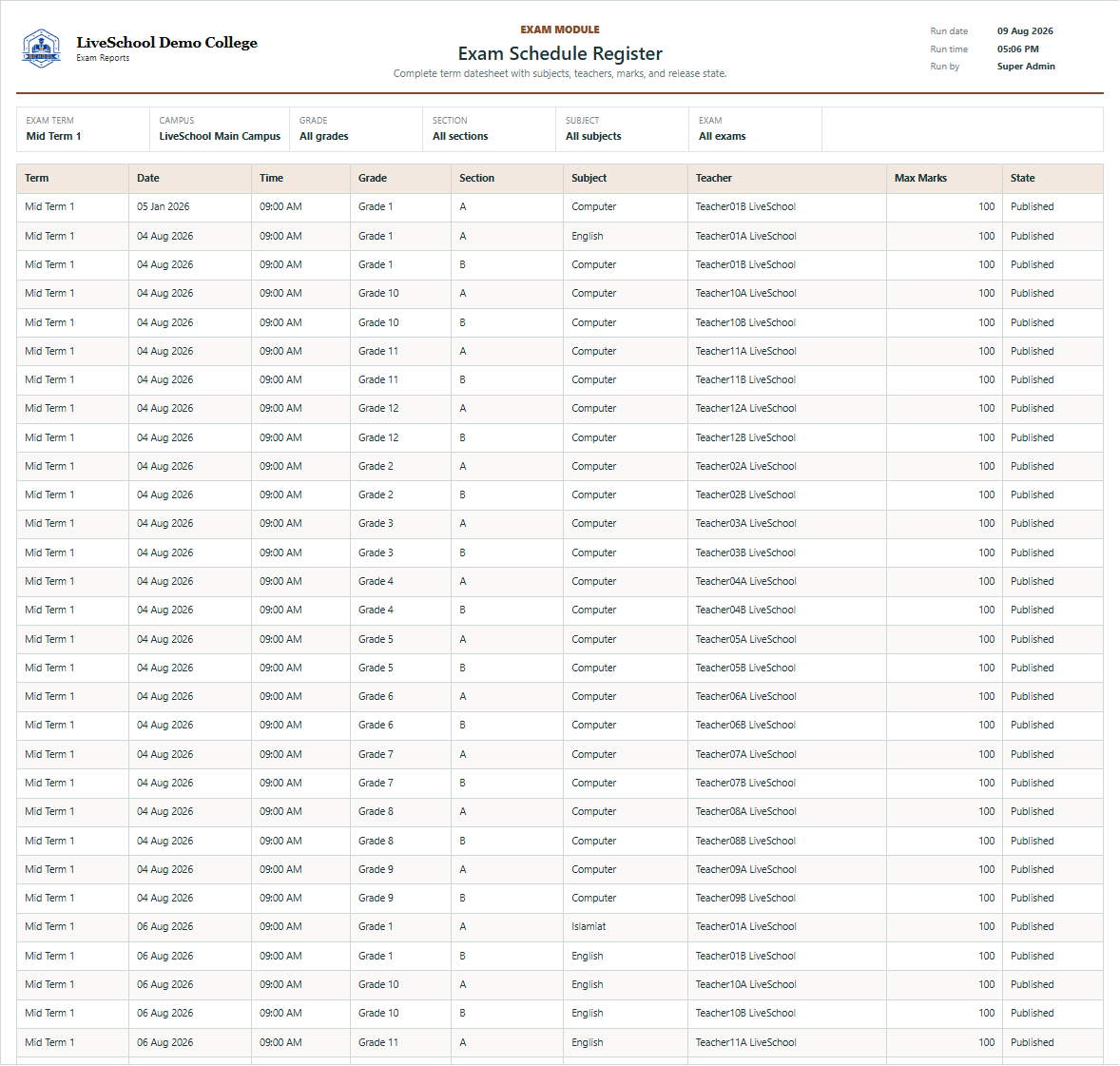 Exam Schedule Register first page