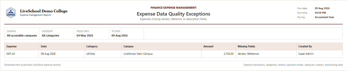 Expense Data Quality Exceptions first page