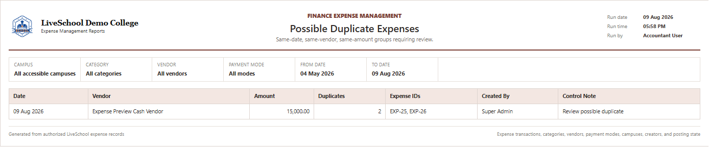 Possible Duplicate Expenses first page