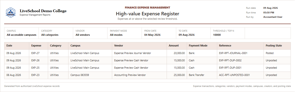 High-value Expense Register first page