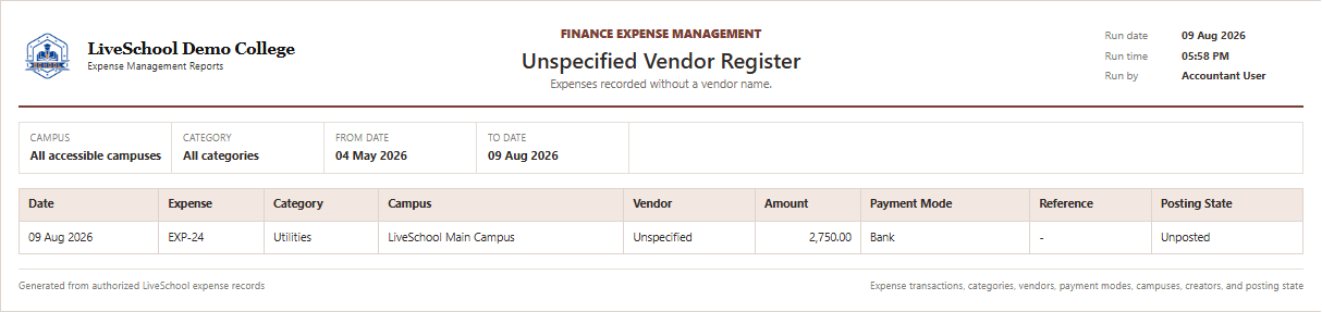 Unspecified Vendor Register first page