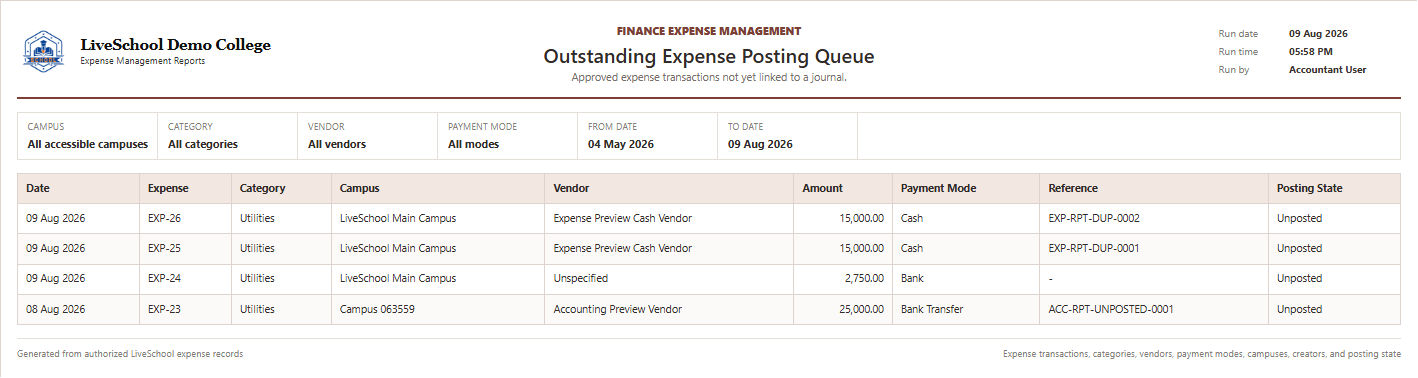 Outstanding Expense Posting Queue first page