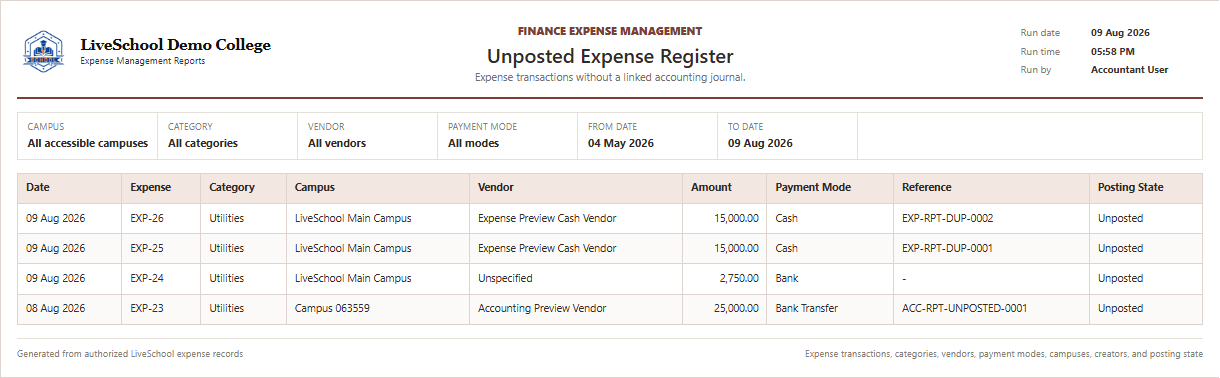 Unposted Expense Register first page
