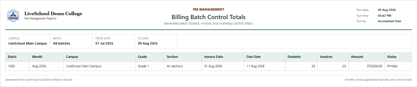 Billing Batch Control Totals first page
