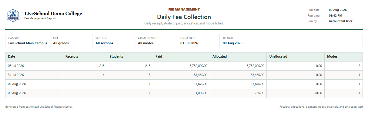 Daily Fee Collection first page