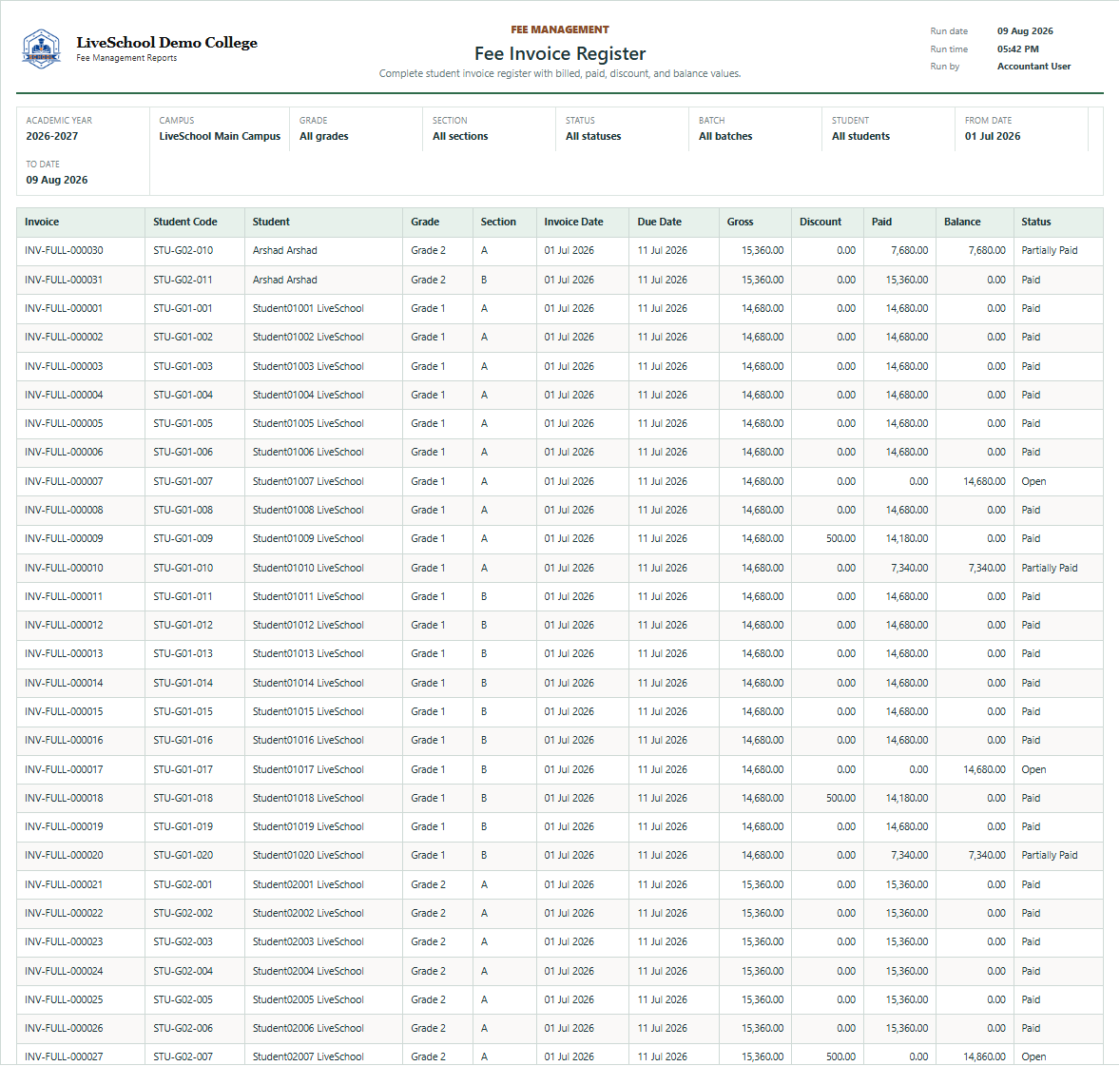 Fee Invoice Register first page