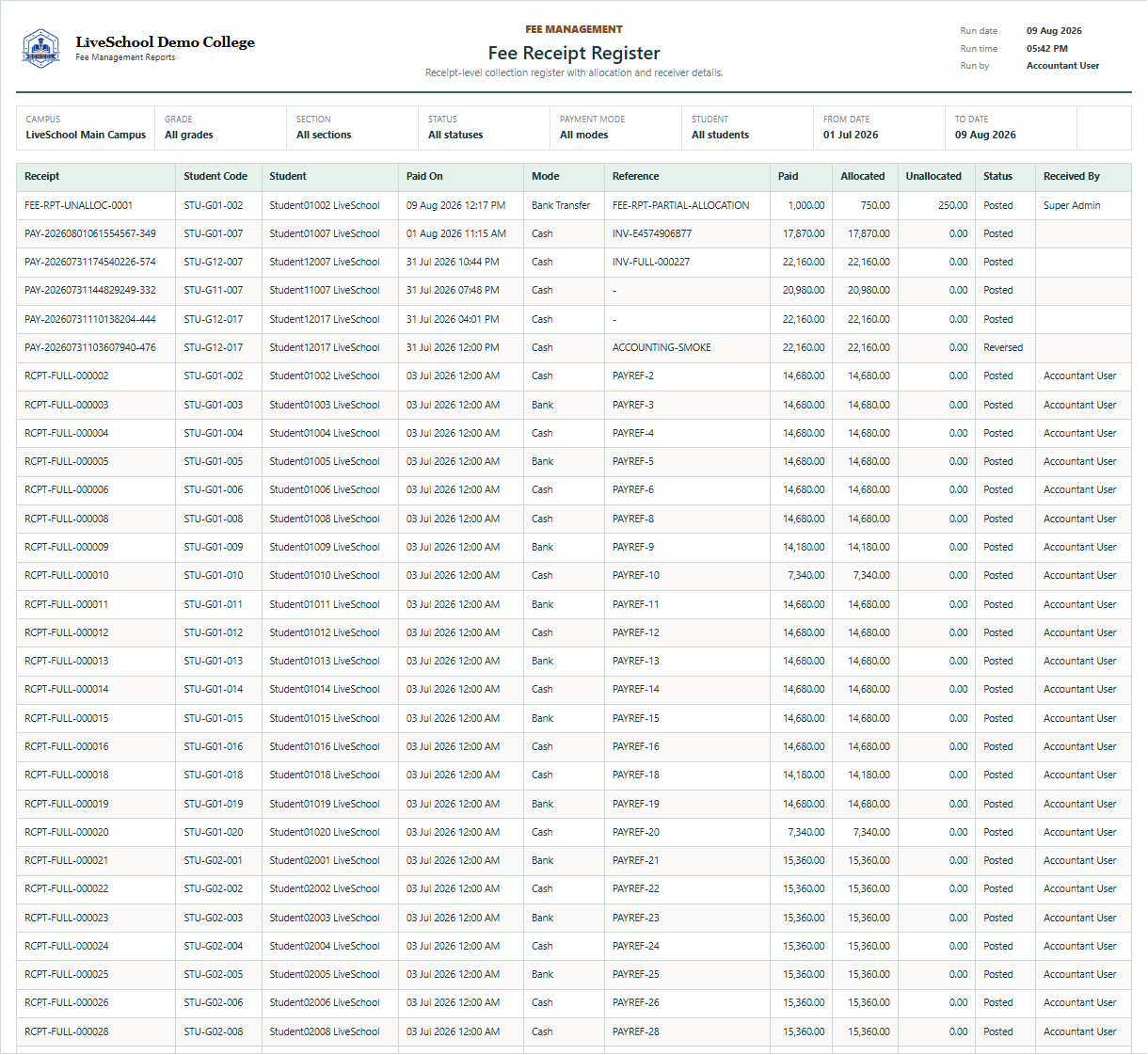 Fee Receipt Register first page