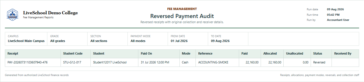 Reversed Payment Audit first page
