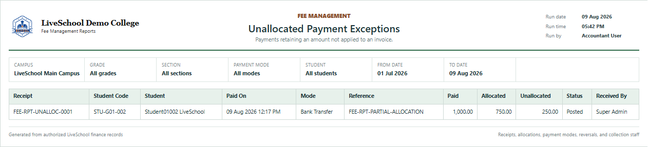 Unallocated Payment Exceptions first page