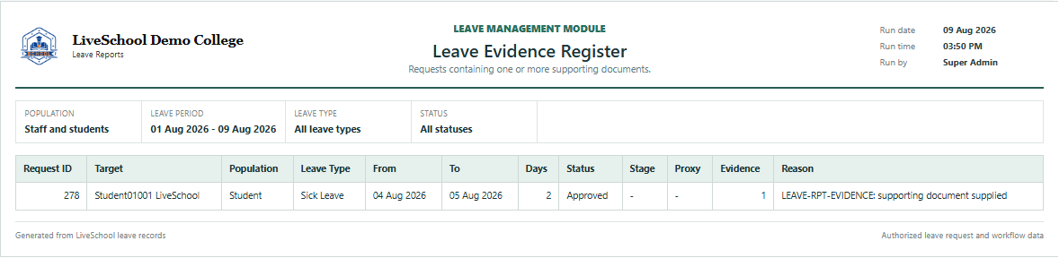 Leave Evidence Register first page