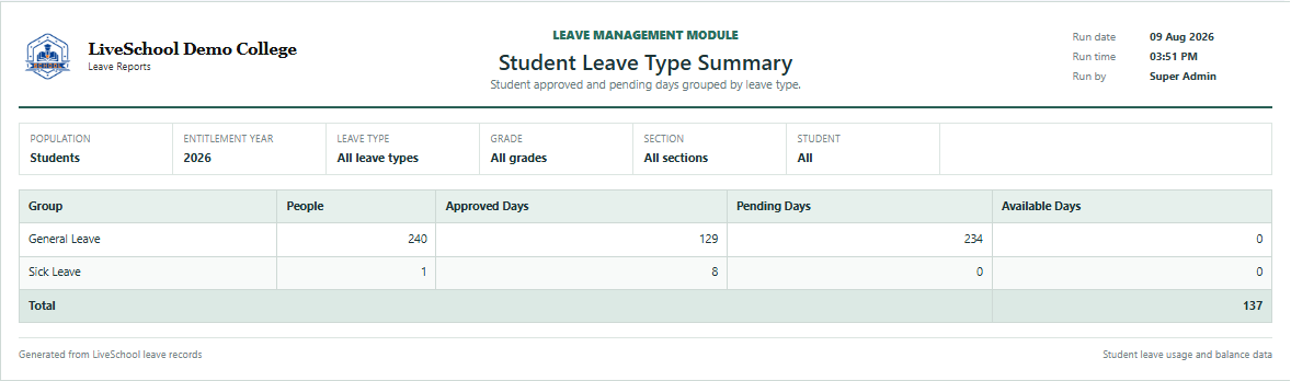 Student Leave Type Summary first page