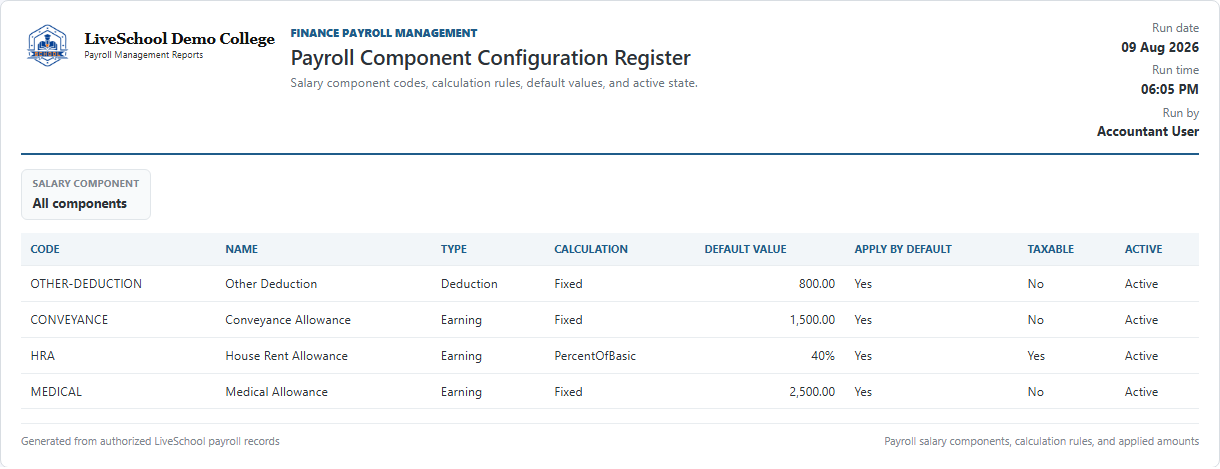 Payroll Component Configuration Register first page