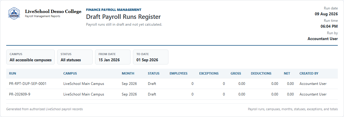 Draft Payroll Runs Register first page