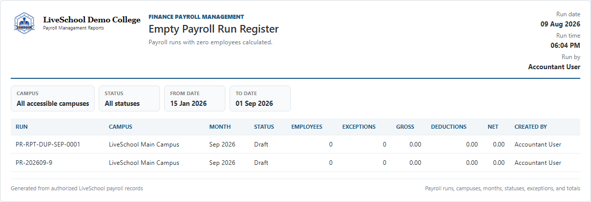 Empty Payroll Run Register first page
