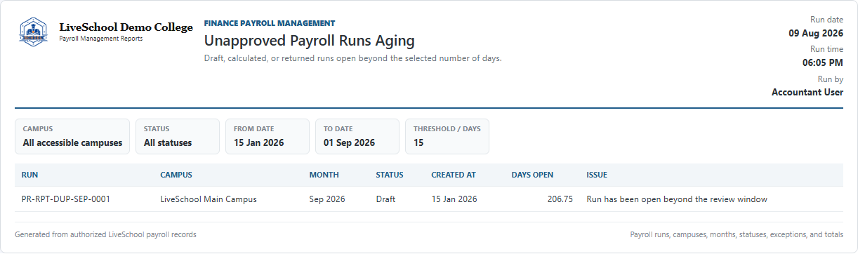 Unapproved Payroll Runs Aging first page