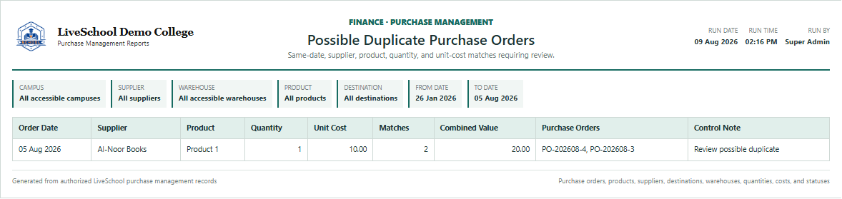 Possible Duplicate Purchase Orders first page