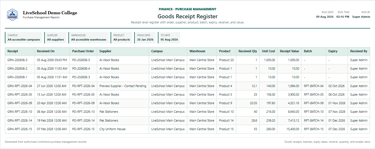 Goods Receipt Register first page
