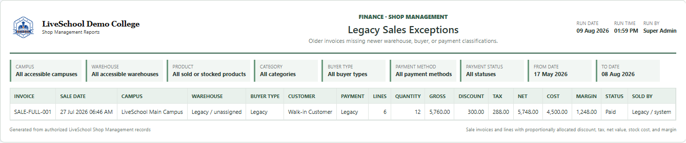 Legacy Sales Exceptions first page