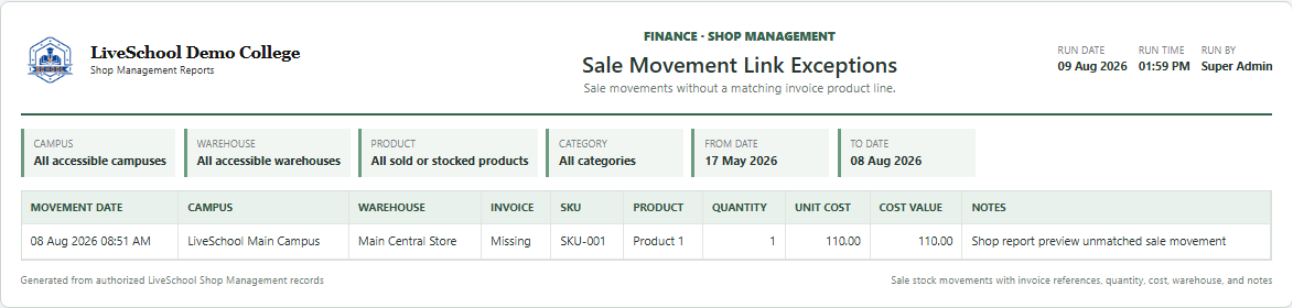 Sale Movement Link Exceptions first page