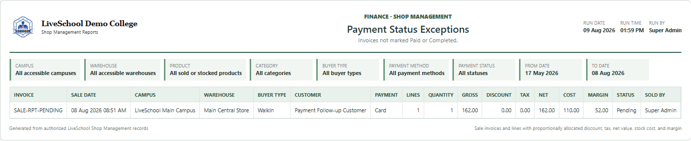 Payment Status Exceptions first page