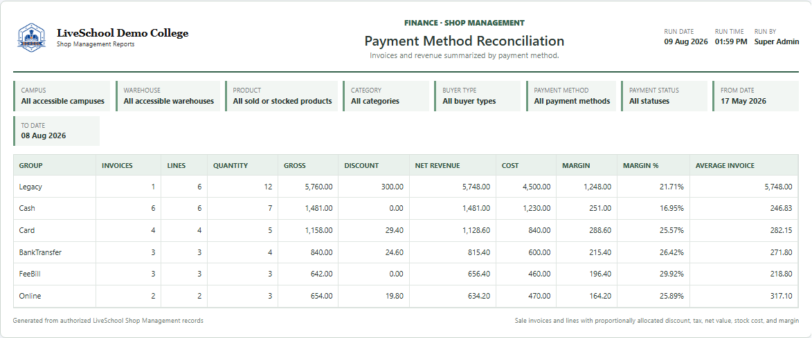 Payment Method Reconciliation first page