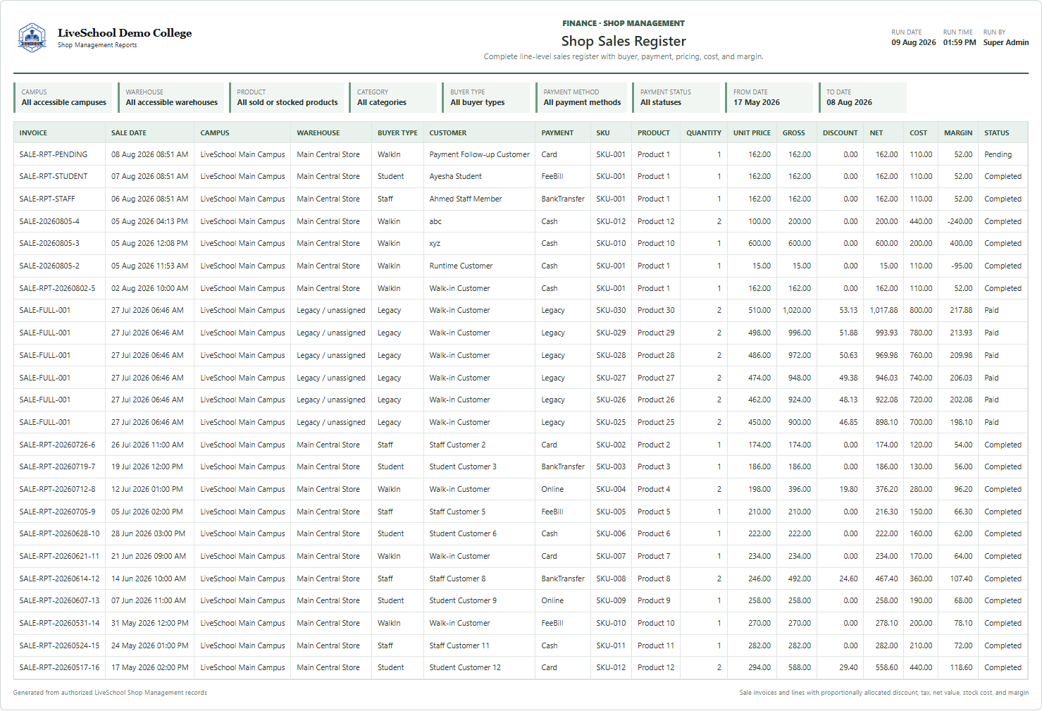Shop Sales Register first page