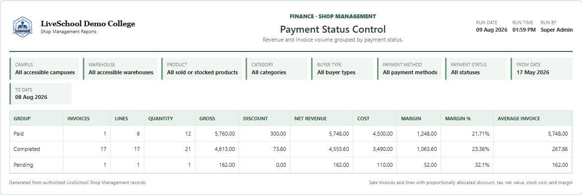 Payment Status Control first page