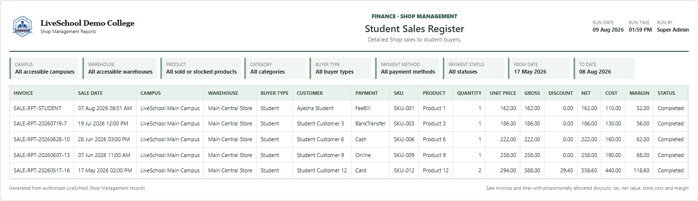 Student Sales Register first page