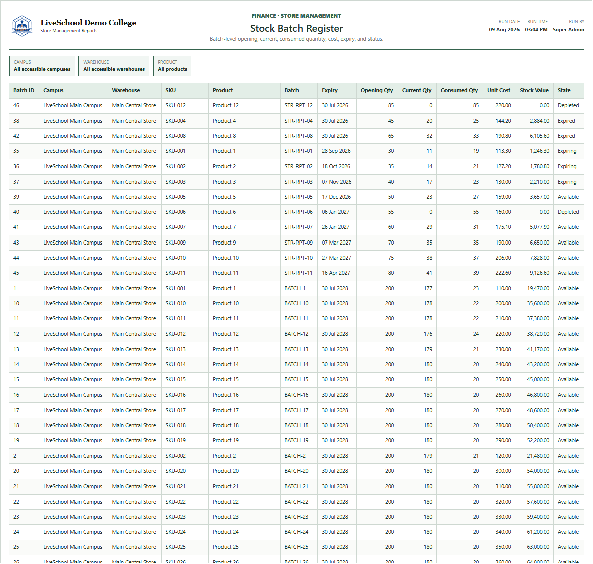 Stock Batch Register first page