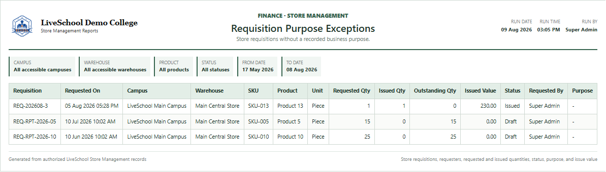 Requisition Purpose Exceptions first page