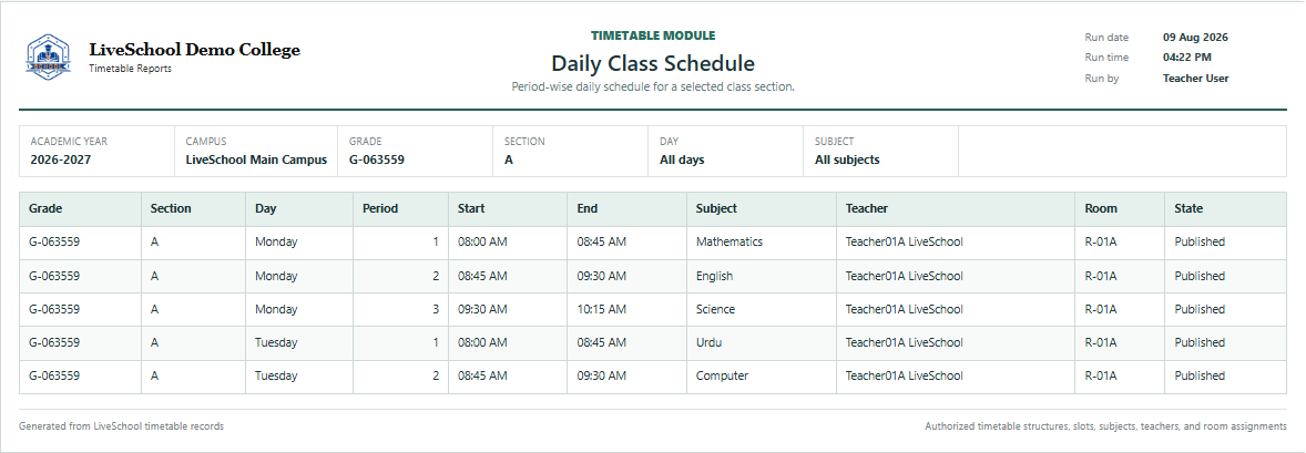 Daily Class Schedule first page