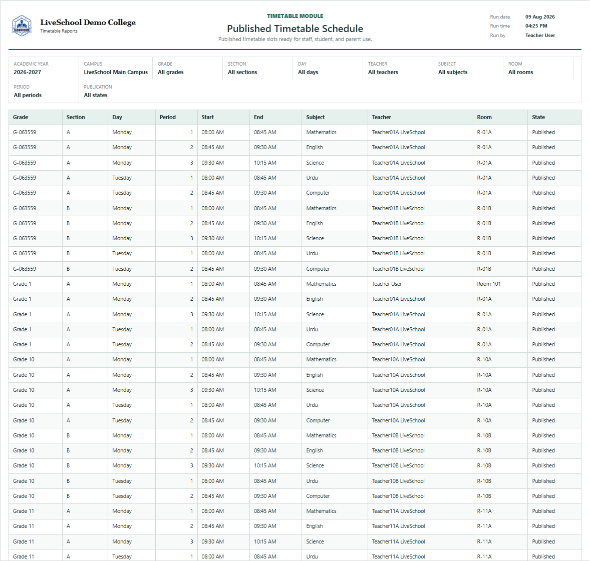 Published Timetable Schedule first page