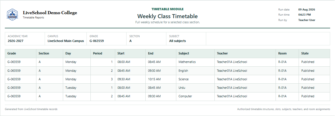 Weekly Class Timetable first page