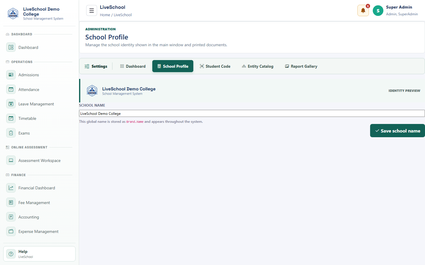 School profile desktop interface