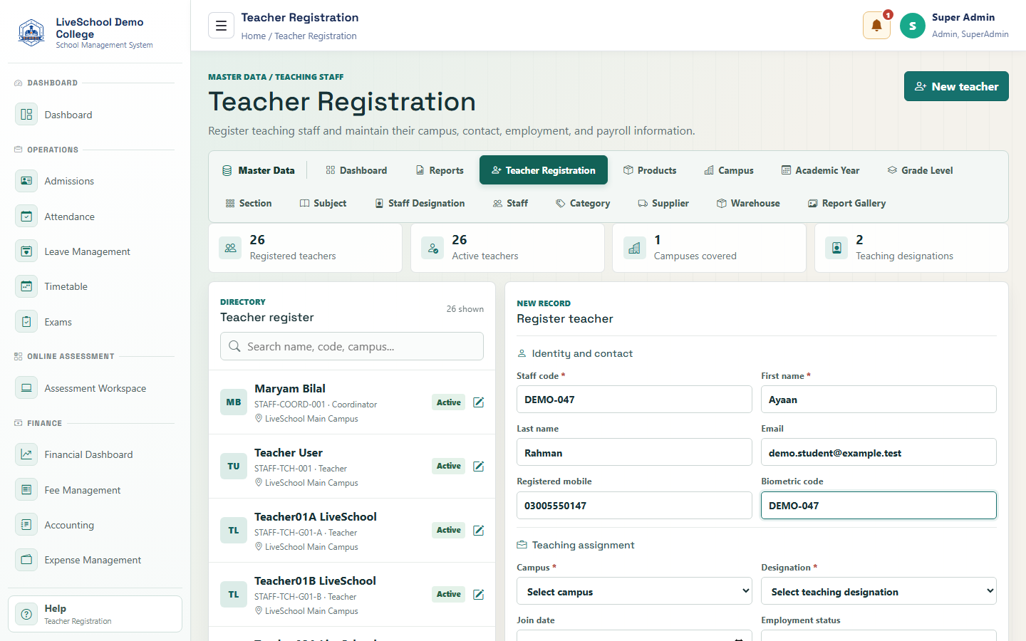 Teacher registration desktop interface