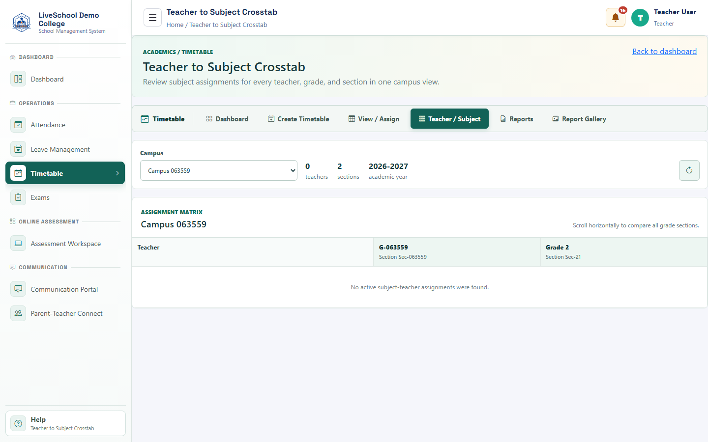 Teacher subject allocation desktop interface