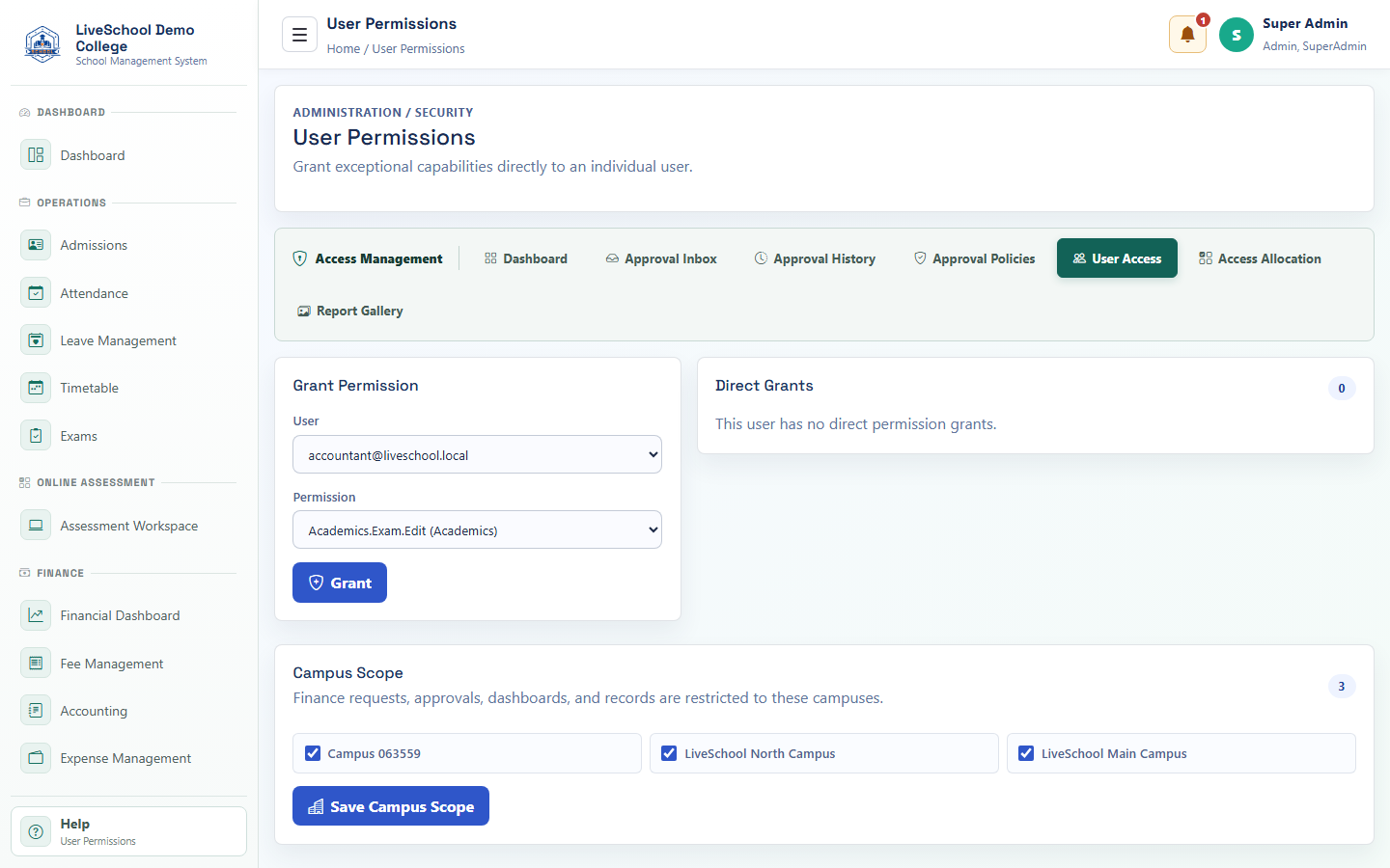 Security and Role Experiences interface